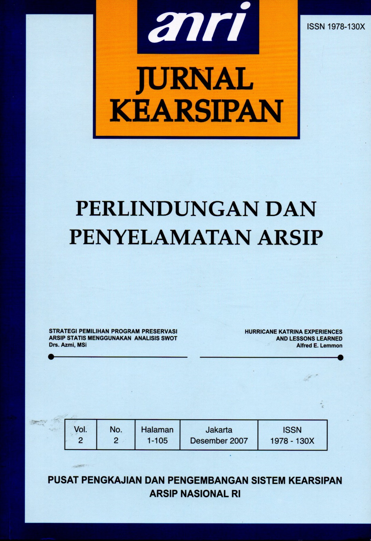 Sampul Jurnal Kearsipan :  Perlindungan dan Penyelamatan Arsip / ANRI