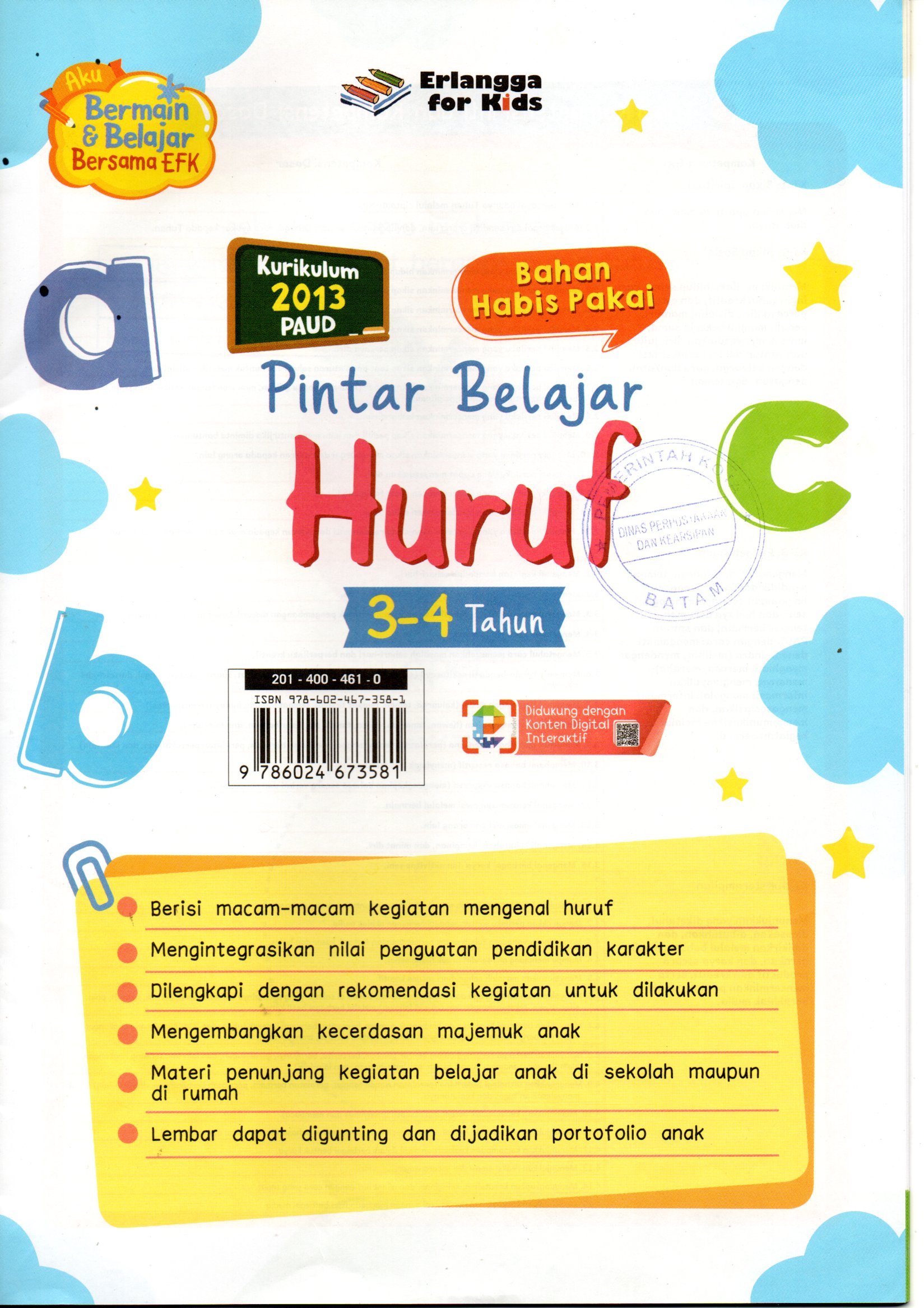 Sampul Pintar Belajar Huruf 3-4 Tahun :  Bahan Habis Pakai / Editor: Rafiatul Jannah
