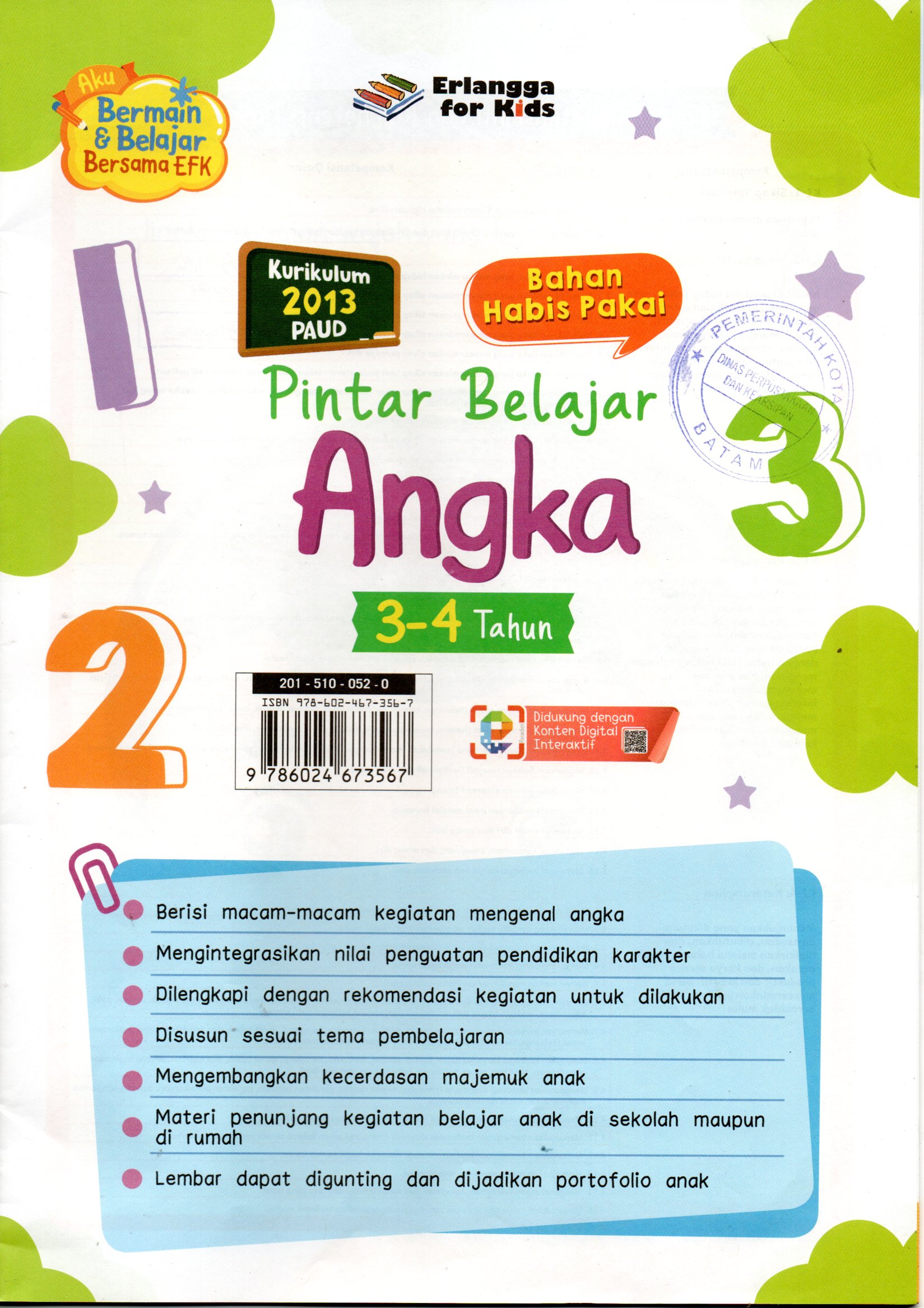 Sampul Pintar Belajar Angka 3-4 Tahun :  Bahan Habis Pakai / Editor: Rafiatul Jannah